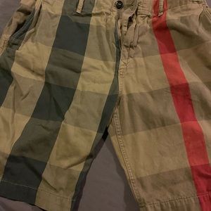 Men's Plaid Cotton Shorts in Beige with Red & Green Stripes